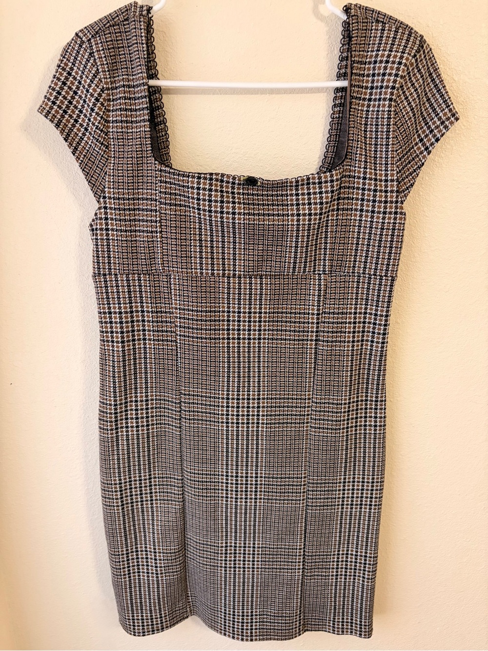Womens Plaid Square-Neck Mini Dress with Rose Detail in Black and Brown Pattern